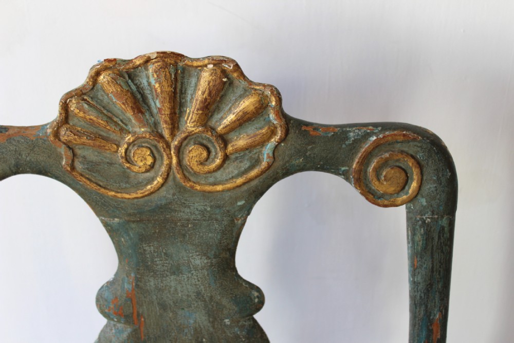 Pair of 18th-century painted green and parcel-gilt side chairs featuring shell crestings, vasiform splats, cabriole legs, and neutral linen upholstery. View IV