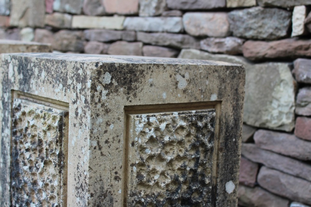A pair of weathered nineteenth-century carved stone plinths featuring rectangular recessed panels with textured rusticated carving and moulded bases. View IV