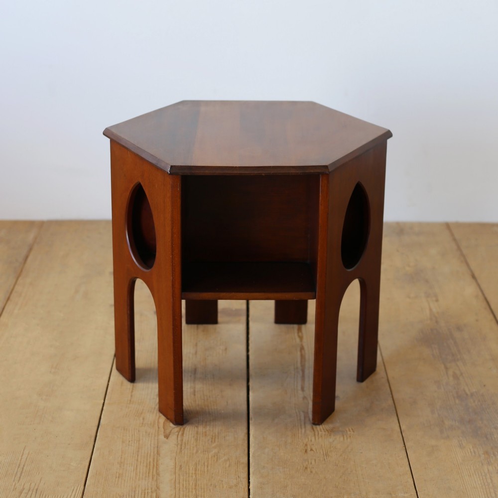 A Victorian mahogany side table featuring a hexagonal top, teardrop-shaped cutouts on the side panels, and gothic arch aprons. View III