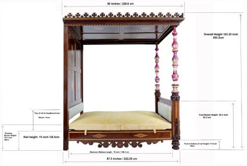 fig 1. A nineteenth-century mahogany four-poster bed frame featuring carved posts with pink porcelain sections, marquetry panelling, and an ornate trefoil canopy trim.