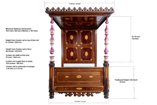 fig 2. A nineteenth-century mahogany four-poster bed frame featuring carved posts with pink porcelain sections, marquetry panelling, and an ornate trefoil canopy trim.