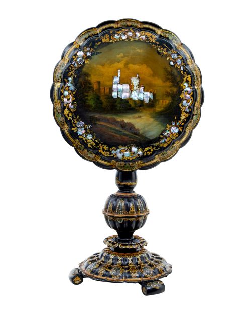 19TH CENTURY PAPIER MACHE AND PAINTED MOTHER OF PEARL INLAID TILTTOP TABLE