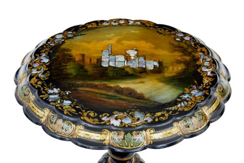 19TH CENTURY PAPIER MACHE AND PAINTED MOTHER OF PEARL INLAID TILTTOP TABLE - ADDITIONAL PHOTO 1