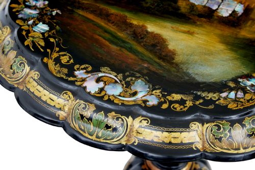 19TH CENTURY PAPIER MACHE AND PAINTED MOTHER OF PEARL INLAID TILTTOP TABLE - ADDITIONAL PHOTO 3