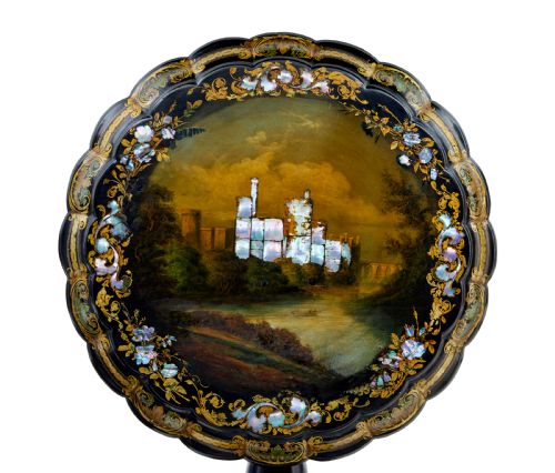 19TH CENTURY PAPIER MACHE AND PAINTED MOTHER OF PEARL INLAID TILTTOP TABLE - ADDITIONAL PHOTO 4