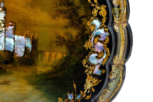 19TH CENTURY PAPIER MACHE AND PAINTED MOTHER OF PEARL INLAID TILTTOP TABLE - ADDITIONAL PHOTO 6