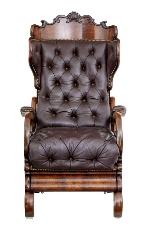 FINE QUALITY MID 19TH CENTURY FRENCH MAHOGANY AND LEATHER RECLINING CHAIR - ADDITIONAL PHOTO 4