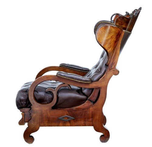 FINE QUALITY MID 19TH CENTURY FRENCH MAHOGANY AND LEATHER RECLINING CHAIR - ADDITIONAL PHOTO 5