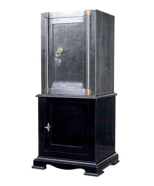 19TH CENTURY DANISH POLISHED STEEL SAFE ON CABINET