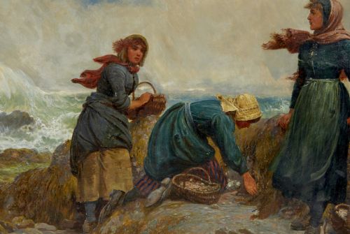 fig 1. A 19th-century framed oil painting depicting three women gathering shellfish along a rocky, wave-swept coastline set within an ornate gilded frame.