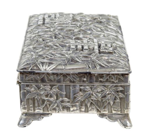 20TH CENTURY ORIENTAL SILVER PLATE BAMBOO DECORATED TOBACCO BOX - ADDITIONAL PHOTO 4