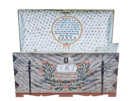 fig 1. A mid-19th-century Swedish painted dome-top wooden chest featuring blue-grey grain painting, floral motifs, hand-wrought iron corner straps, and the date 1846.