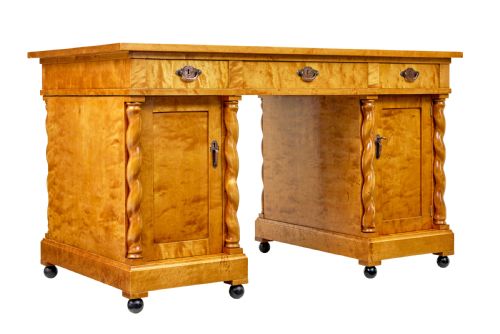 SWEDISH EARLY 20TH CENTURY CARVED BIRCH PEDESTAL DESK