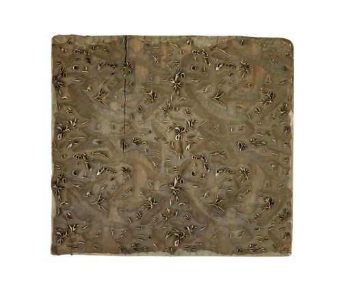 fig 1. A collection of ten square and rectangular hand-carved wooden textile printing blocks featuring intricate brass wire and pin patterns.