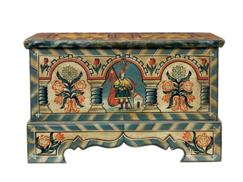 19TH CENTURY ALPINE REGION HAND PAINTED MARRIAGE CHEST - ADDITIONAL PHOTO 5