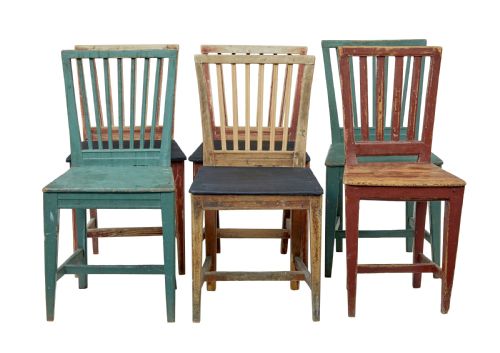 fig 1. HARLEQUIN SET OF 6 19TH CENTURY PAINTED PINE DINING CHAIRS