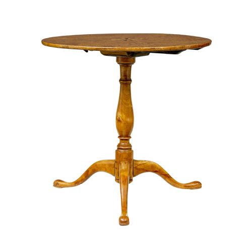 fig 1. A mid-19th-century Swedish circular occasional table featuring a burr birch top with central star inlay, supported by a turned pedestal stem and tripod legs.