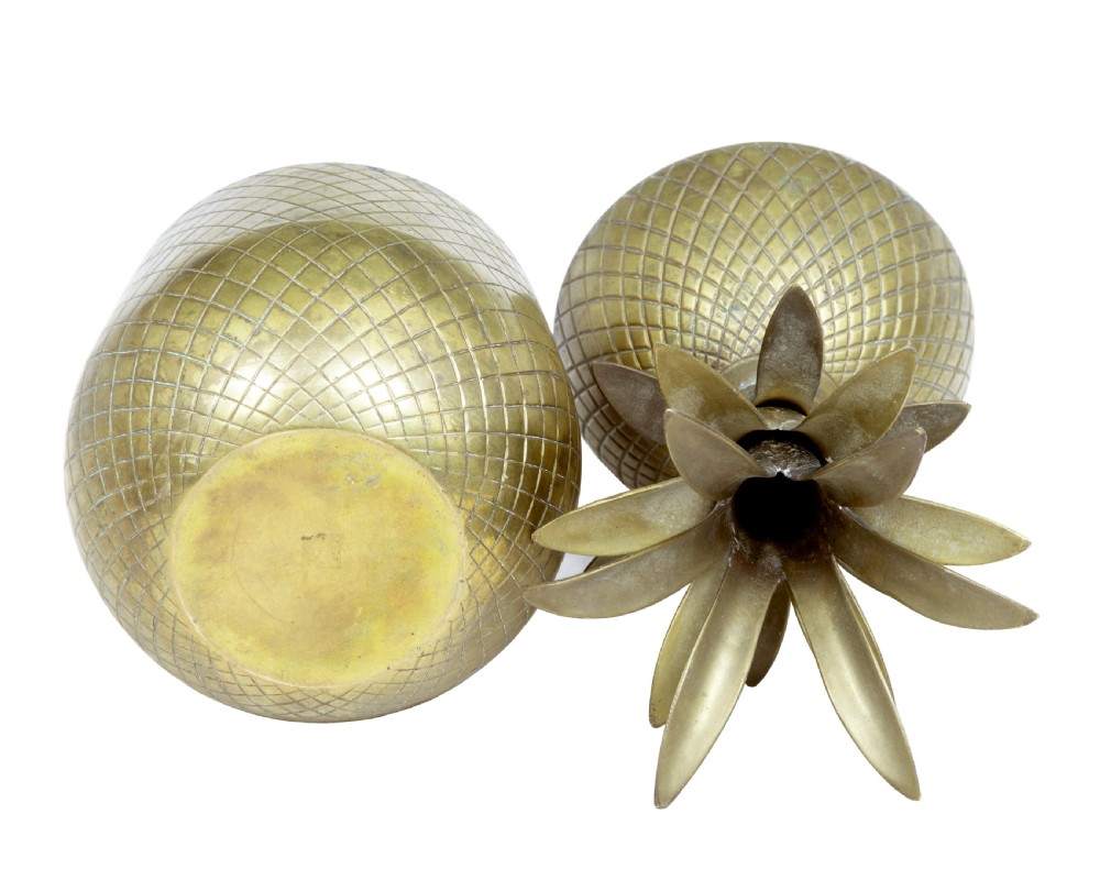 A chiselled brass lidded box shaped like a pineapple with leaf crown detailing. View IV