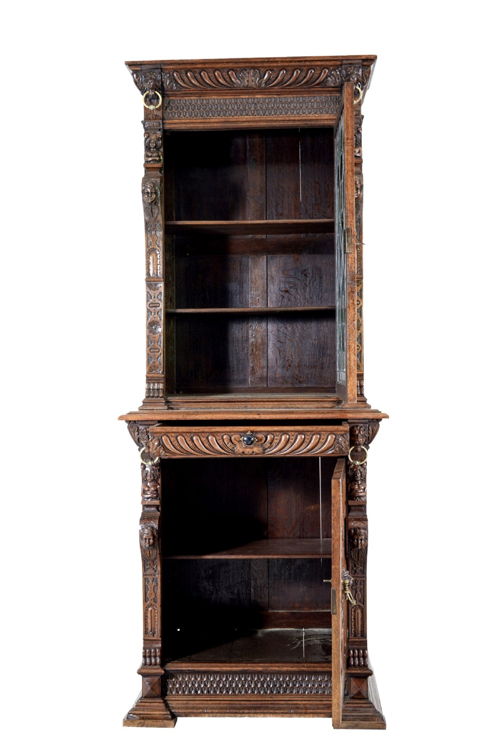 A tall 19th-century Flemish oak cabinet featuring an upper arched leaded glass door and a lower geometric carved wooden door. View III