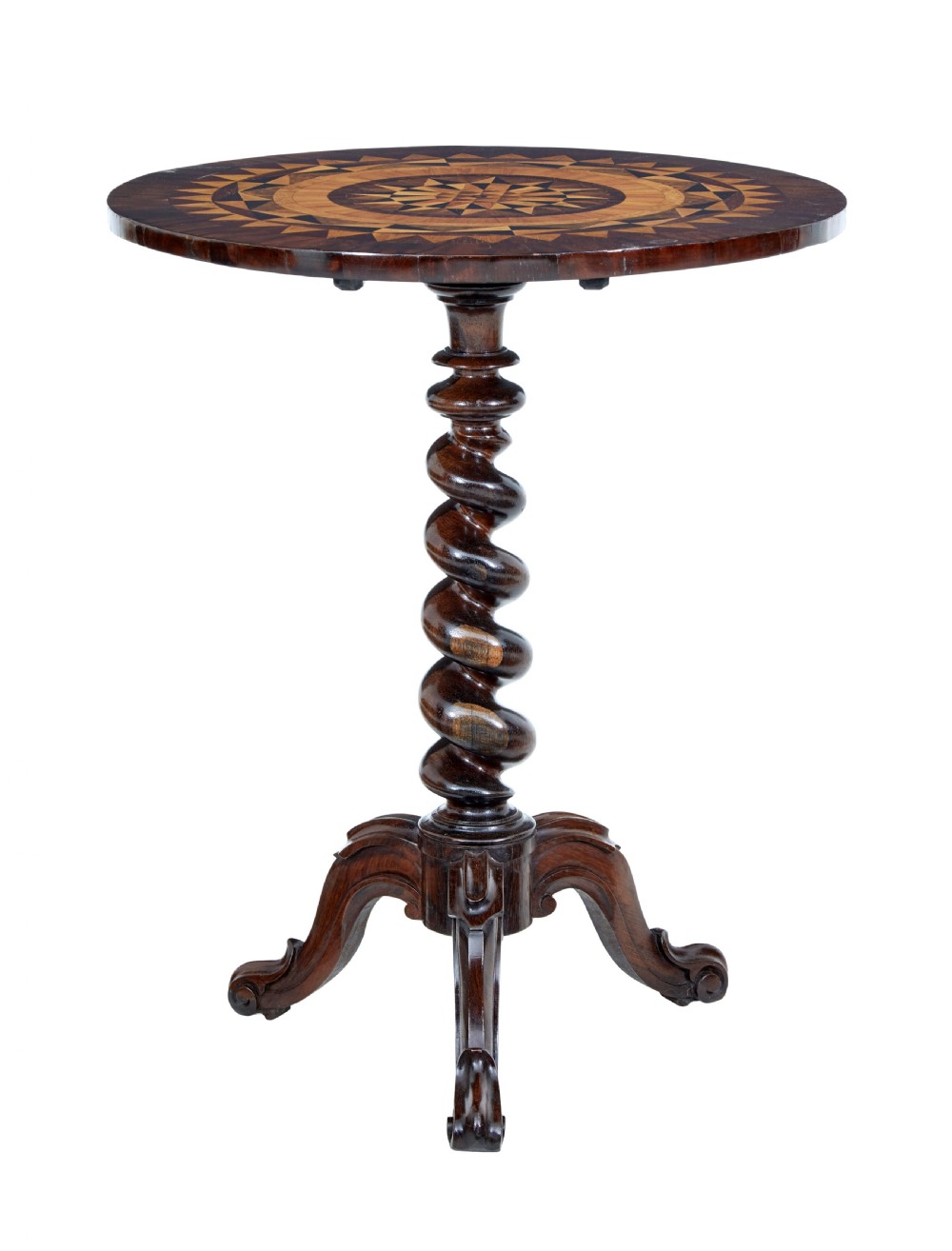 An early Victorian dark walnut tilt top occasional table featuring geometric starburst inlay on a circular top supported by a spiral barley twist pedestal and carved tripod legs.