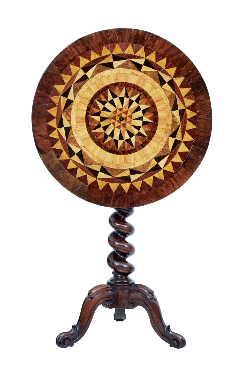 An early Victorian dark walnut tilt top occasional table featuring geometric starburst inlay on a circular top supported by a spiral barley twist pedestal and carved tripod legs. View II