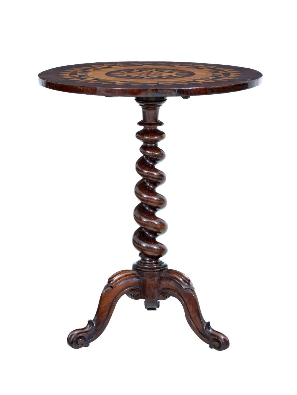 An early Victorian dark walnut tilt top occasional table featuring geometric starburst inlay on a circular top supported by a spiral barley twist pedestal and carved tripod legs. View IV