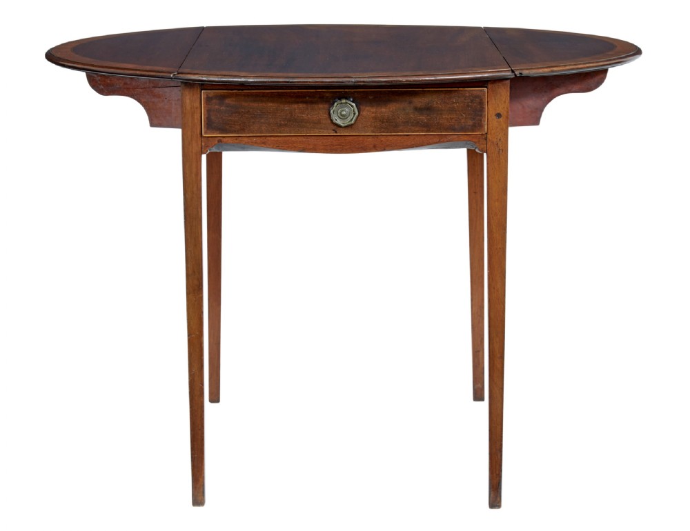 A 19th-century Regency mahogany Pembroke table featuring two hinged drop leaves, a single frieze drawer with a brass handle, and four tapered square legs. View III