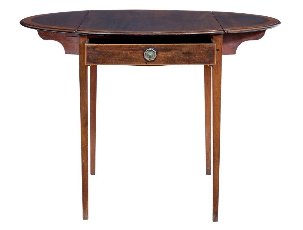A 19th-century Regency mahogany Pembroke table featuring two hinged drop leaves, a single frieze drawer with a brass handle, and four tapered square legs. View IV