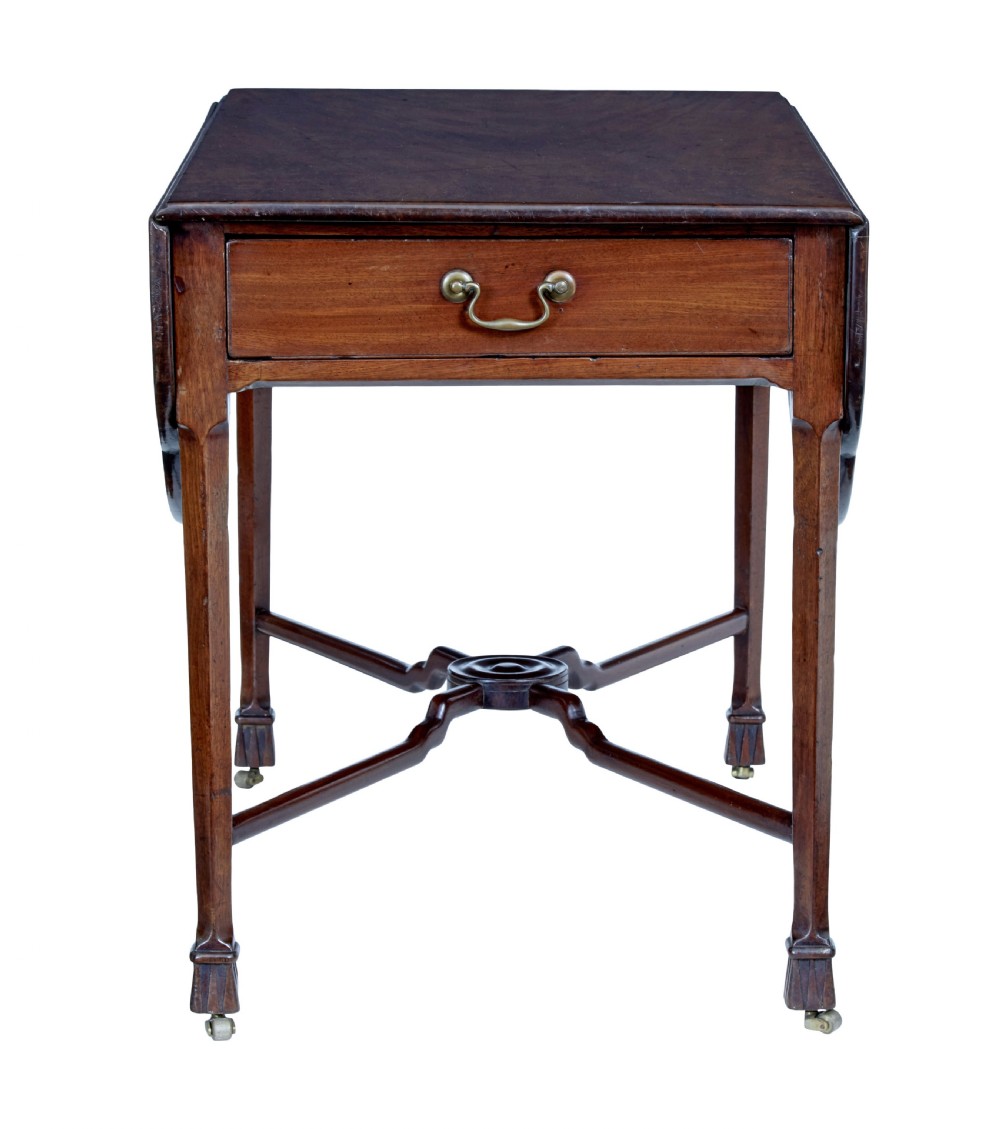 An 18th-century Chippendale mahogany Pembroke table featuring rounded drop leaves, a single end drawer with a brass handle, and an X-frame stretcher. View II