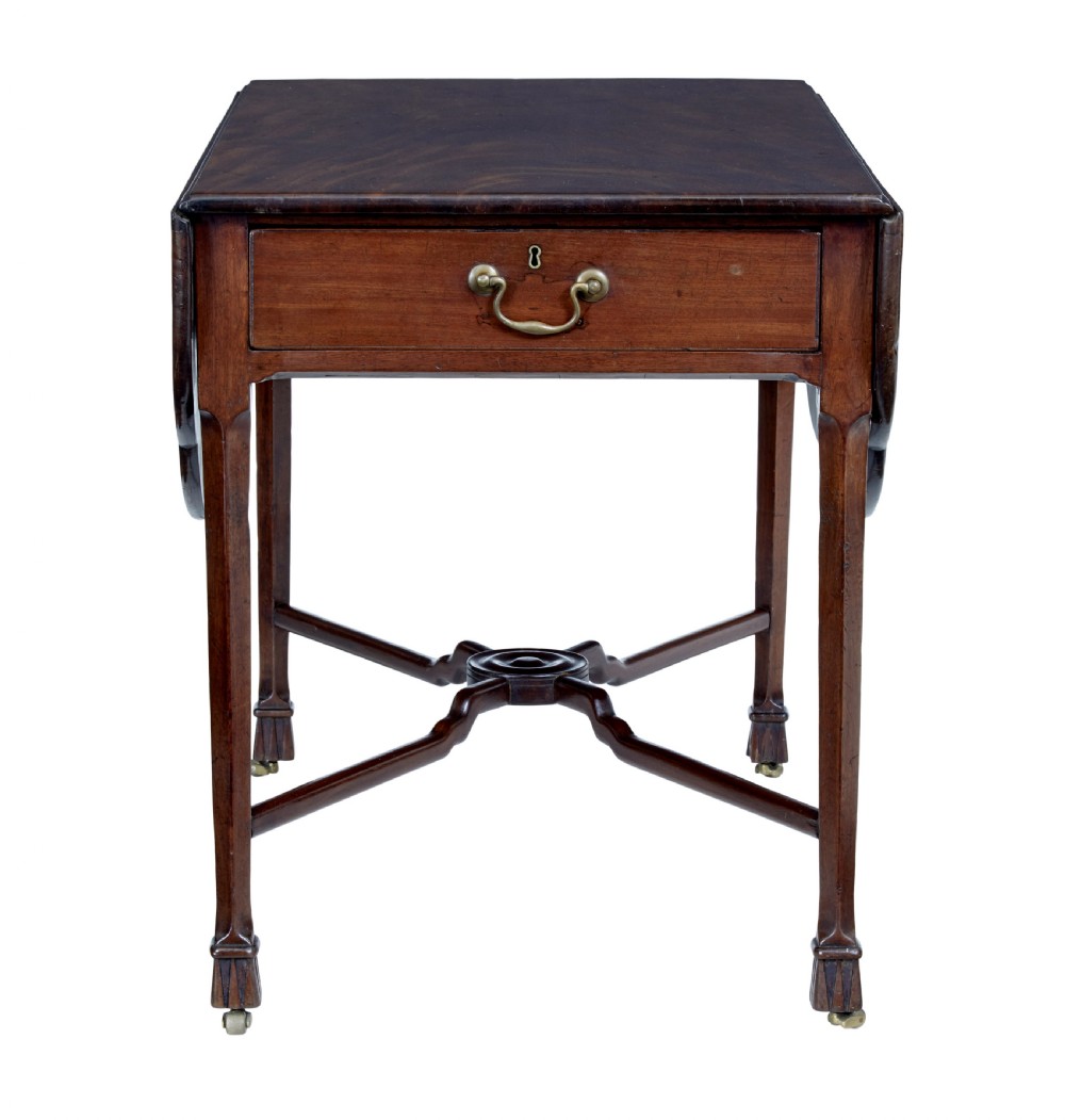 An 18th-century Chippendale mahogany Pembroke table featuring rounded drop leaves, a single end drawer with a brass handle, and an X-frame stretcher. View III