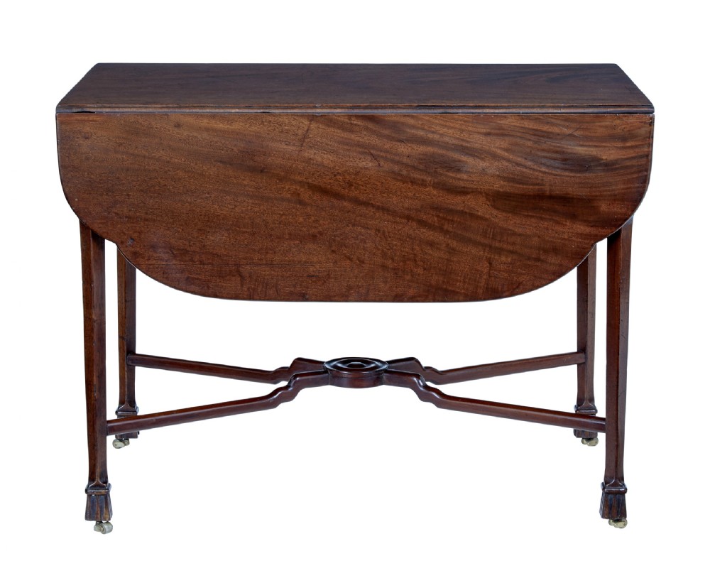An 18th-century Chippendale mahogany Pembroke table featuring rounded drop leaves, a single end drawer with a brass handle, and an X-frame stretcher. View V