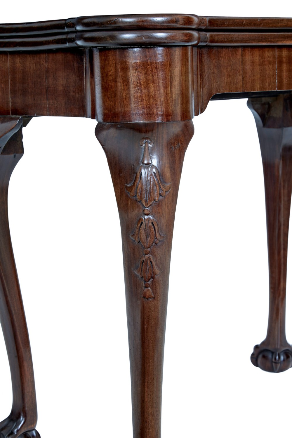 A 19th-century mahogany Chippendale Revival card table featuring a serpentine fold-over top, carved cabriole legs, and ball-and-claw feet. View X