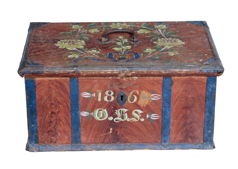 An antique rectangular Swedish wooden box featuring a reddish brown finish with blue painted metal corner straps, a floral lid design, and the painted date 1806. View II