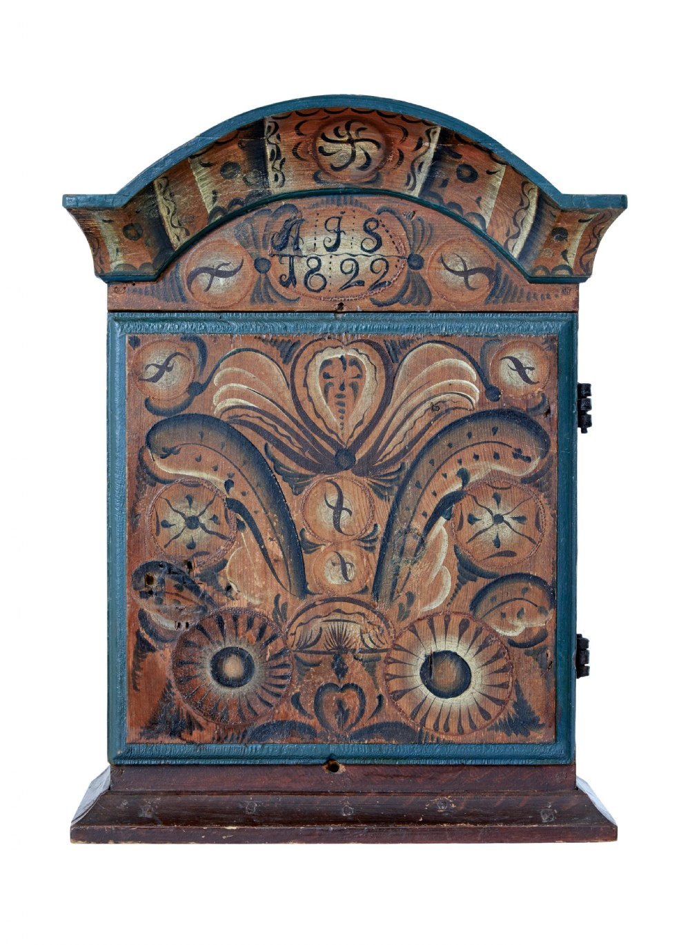 An early 19th-century Swedish painted wall cupboard featuring an arched crest, dark teal trim, and painted floral motifs in terracotta and ochre with the date 1822.