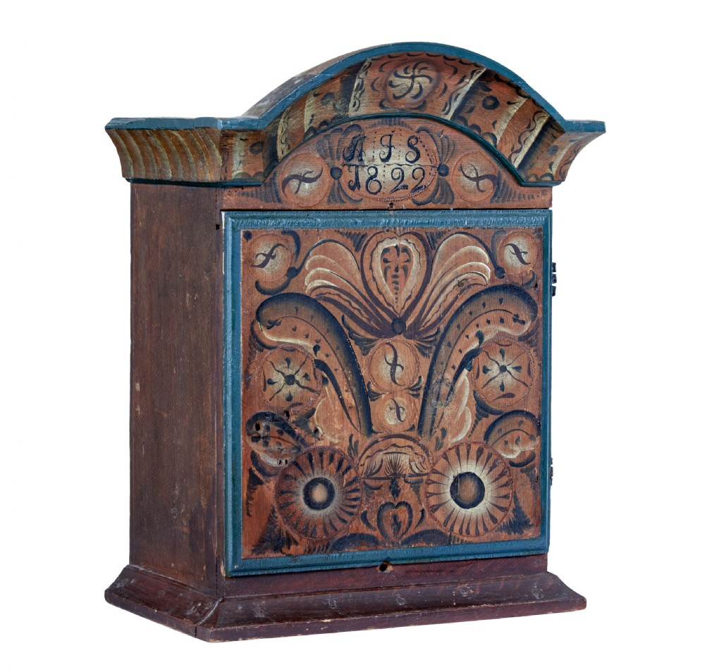 An early 19th-century Swedish painted wall cupboard featuring an arched crest, dark teal trim, and painted floral motifs in terracotta and ochre with the date 1822. View III