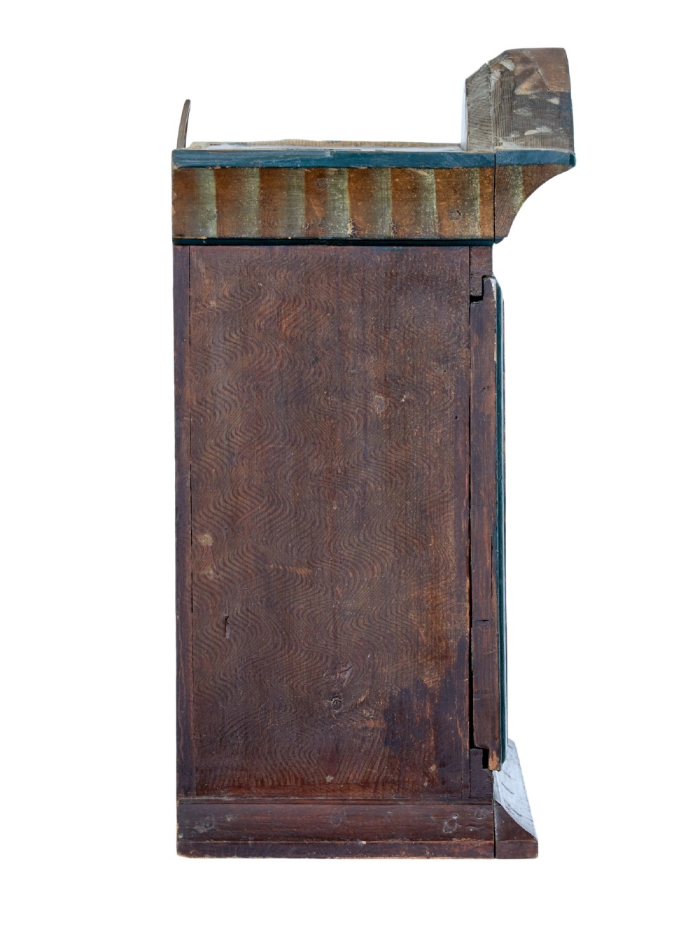 An early 19th-century Swedish painted wall cupboard featuring an arched crest, dark teal trim, and painted floral motifs in terracotta and ochre with the date 1822. View IV