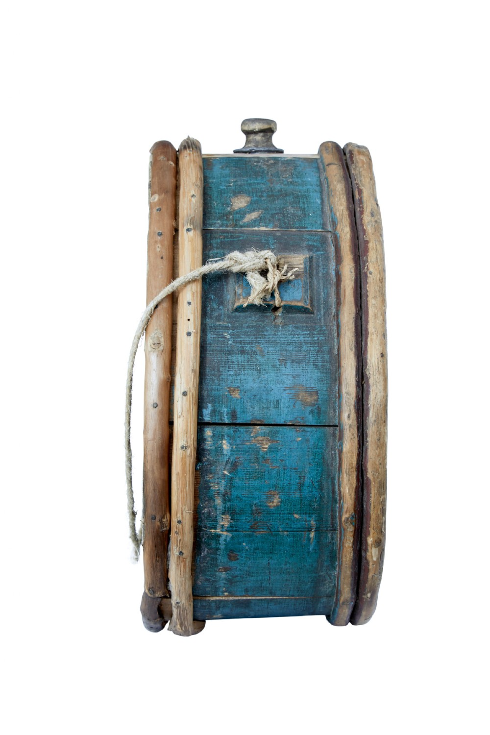 A mid-19th century oval Swedish wooden water carrier featuring blue paint, white hand-script lettering, bentwood hoops, and a wooden stopper. View III