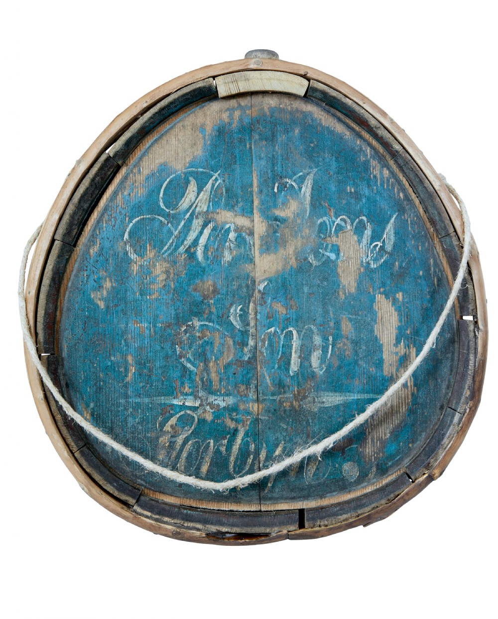 A mid-19th century oval Swedish wooden water carrier featuring blue paint, white hand-script lettering, bentwood hoops, and a wooden stopper. View IV