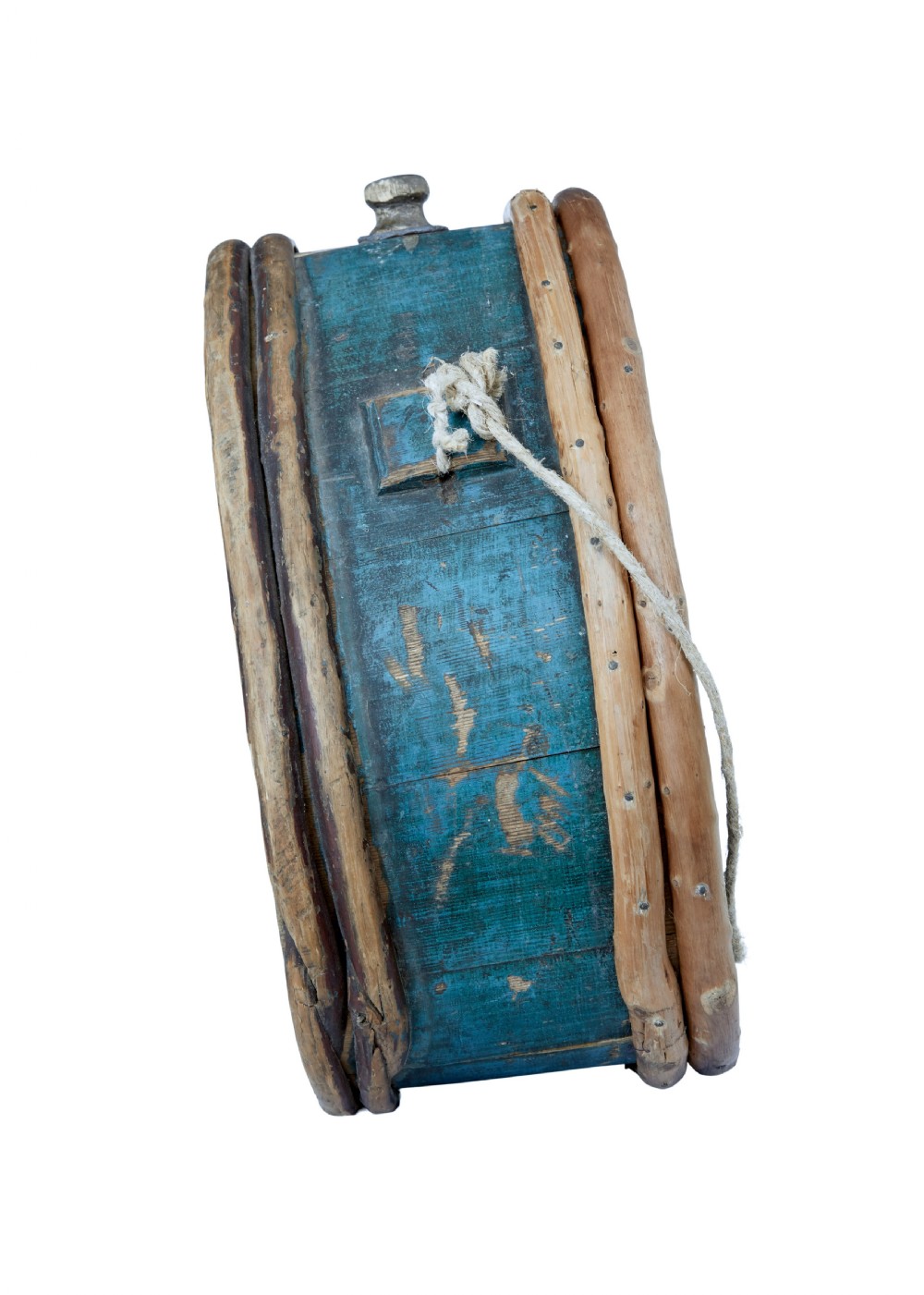A mid-19th century oval Swedish wooden water carrier featuring blue paint, white hand-script lettering, bentwood hoops, and a wooden stopper. View V