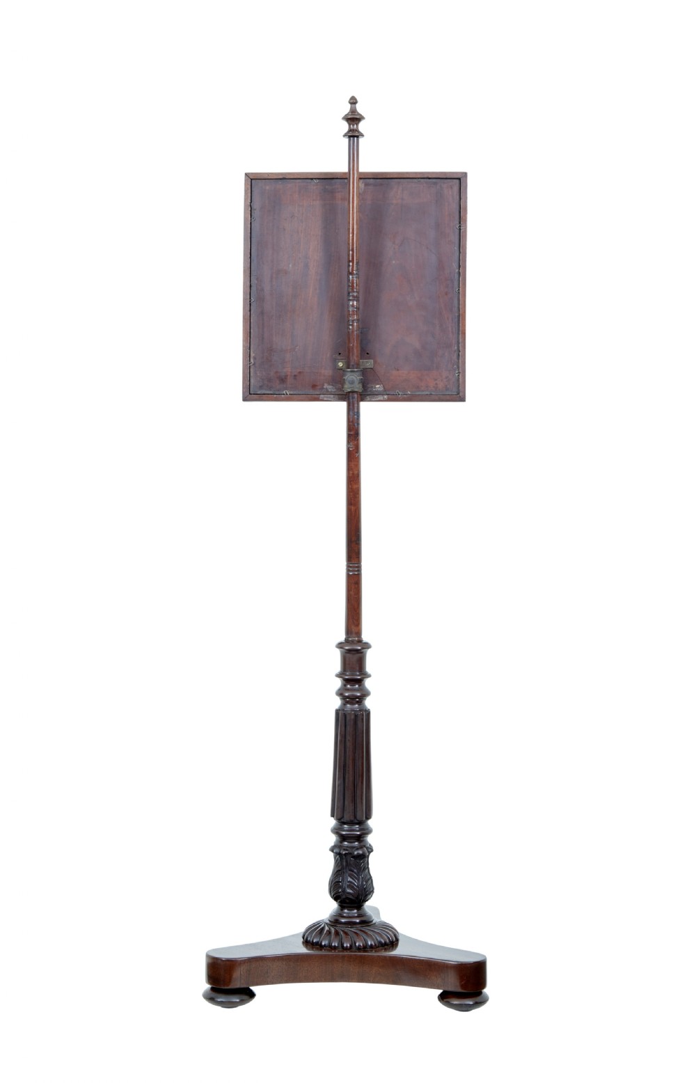 A nineteenth-century William IV mahogany pole screen featuring an adjustable square needlepoint panel depicting a child and dog, supported by a turned column and triform base. View II