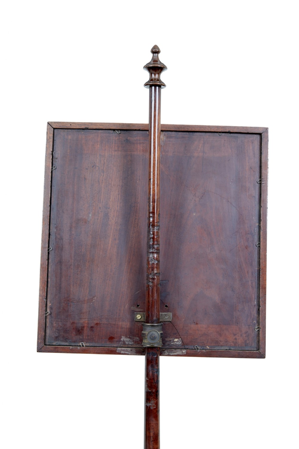 A nineteenth-century William IV mahogany pole screen featuring an adjustable square needlepoint panel depicting a child and dog, supported by a turned column and triform base. View IV