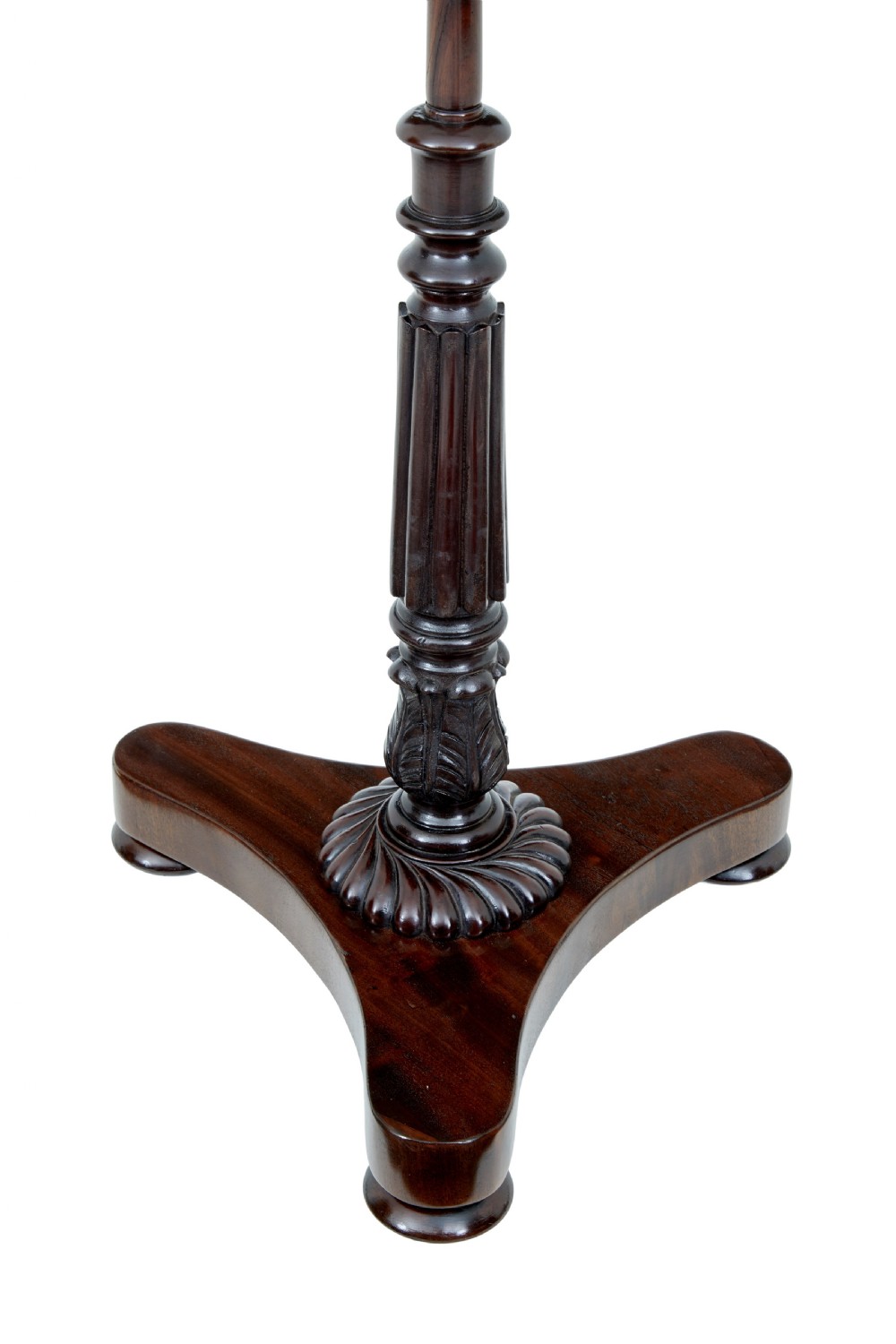 A nineteenth-century William IV mahogany pole screen featuring an adjustable square needlepoint panel depicting a child and dog, supported by a turned column and triform base. View V