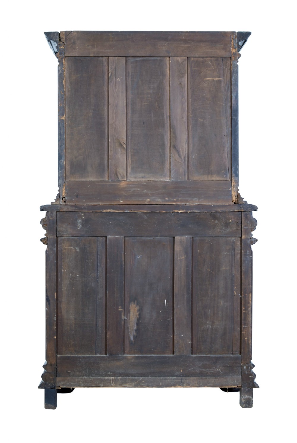 A two-section mid-19th century dark walnut cabinet featuring detailed relief carvings on the panelled doors, fluted columns, and flattened bun feet. View IV