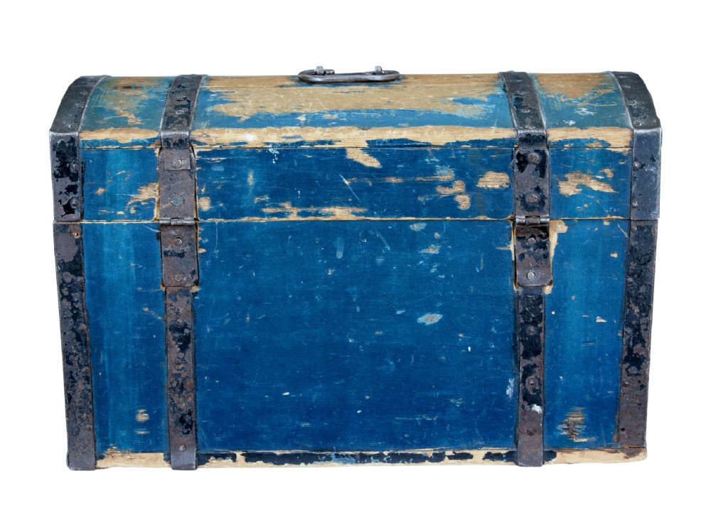 A nineteenth-century Swedish pine box with a domed lid, distressed blue paint finish, and black iron binding straps. View IV