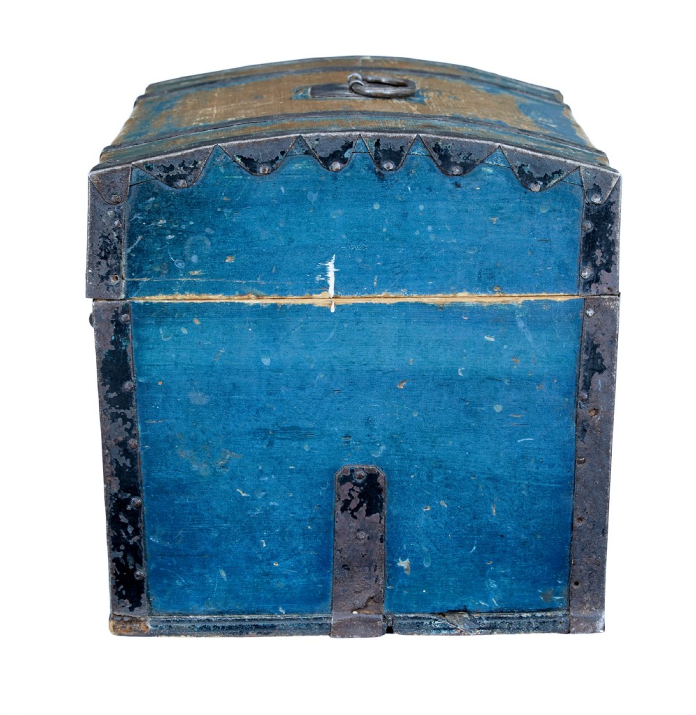 A nineteenth-century Swedish pine box with a domed lid, distressed blue paint finish, and black iron binding straps. View V