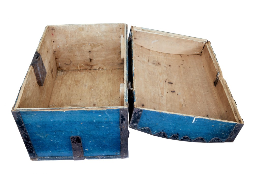 A nineteenth-century Swedish pine box with a domed lid, distressed blue paint finish, and black iron binding straps. View VII
