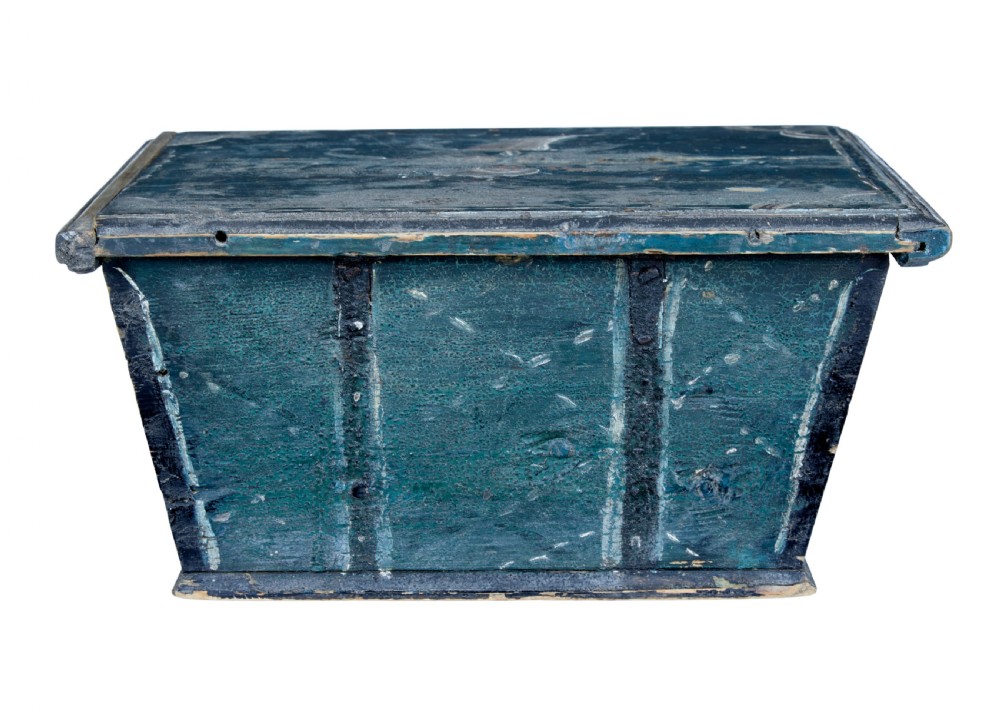A small 19th-century wooden sarcophagus box featuring distressed blue paint, white hand-painted decorative flourishes, and a central diamond-shaped iron keyhole escutcheon. View IV