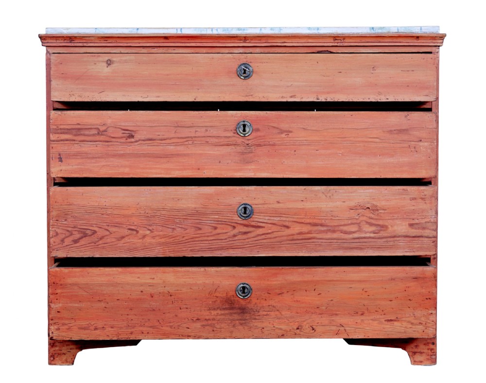 An early 19th-century Swedish pine chest of drawers featuring four graduated drawers with terracotta red paint and central metallic escutcheons. View III