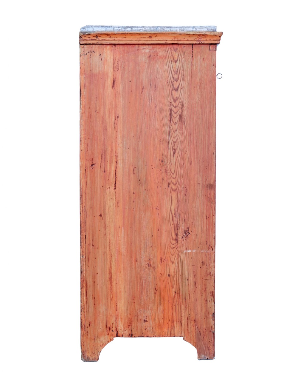 An early 19th-century Swedish pine chest of drawers featuring four graduated drawers with terracotta red paint and central metallic escutcheons. View VI