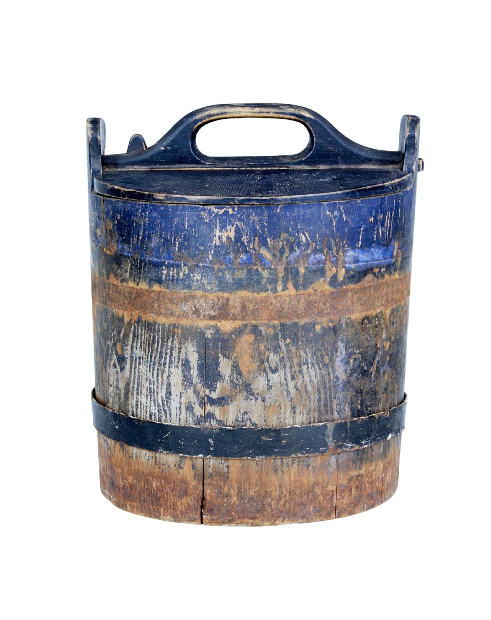 A mid-19th-century Swedish pine storage container featuring a distressed blue painted finish, stave construction, and an arched wooden top handle.